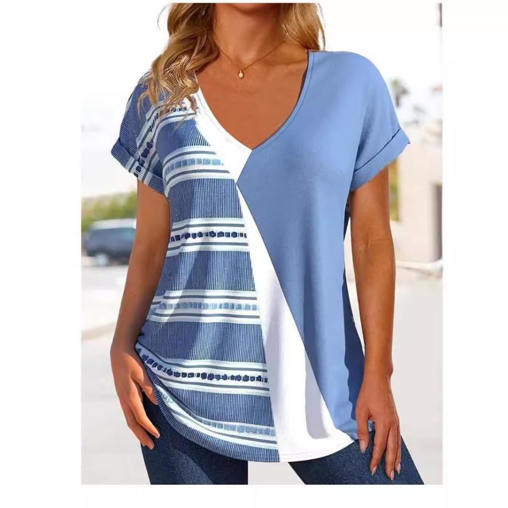 Fashionable Comfortable Breathable T-shirt Summer Colorful Retro Geometric 3D Pattern Women's V-neck Short Sleeved T-shirt