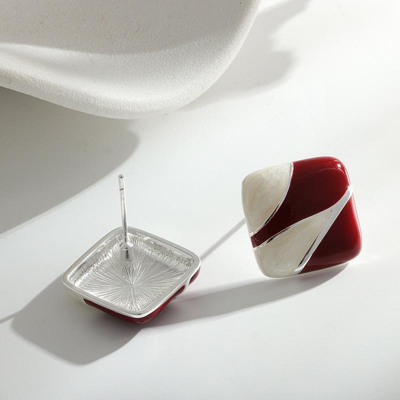 Ankara Red Color Blocked Square Elegance Stud Earring for Women Korean Sweet Ear Wedding Party Jewelry