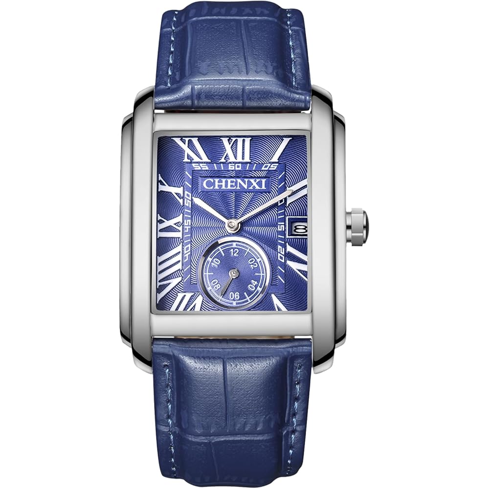Men s Simple Leather Watch Square Dial Hand-Wound Adjustable Blue Roman Numerals
