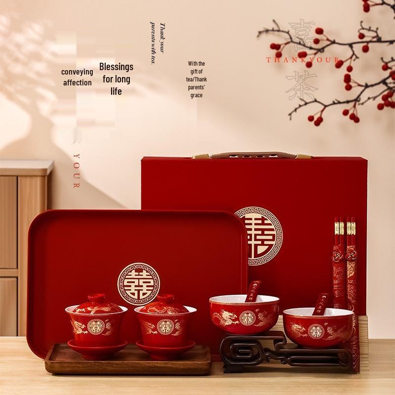 Wedding Tea Cup & Chopstick Set: Toasting Bowls and Red Dowry Supplies