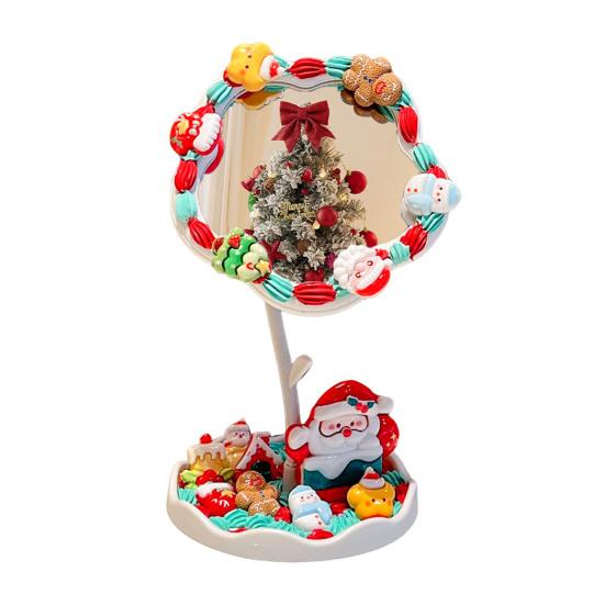DIY Handmade Flower Desk Mirror with Storage Tray Rotatable Desktop Vanity Mirror Multi-purpose Women Makeup Table Mirror Jewelry Organizer