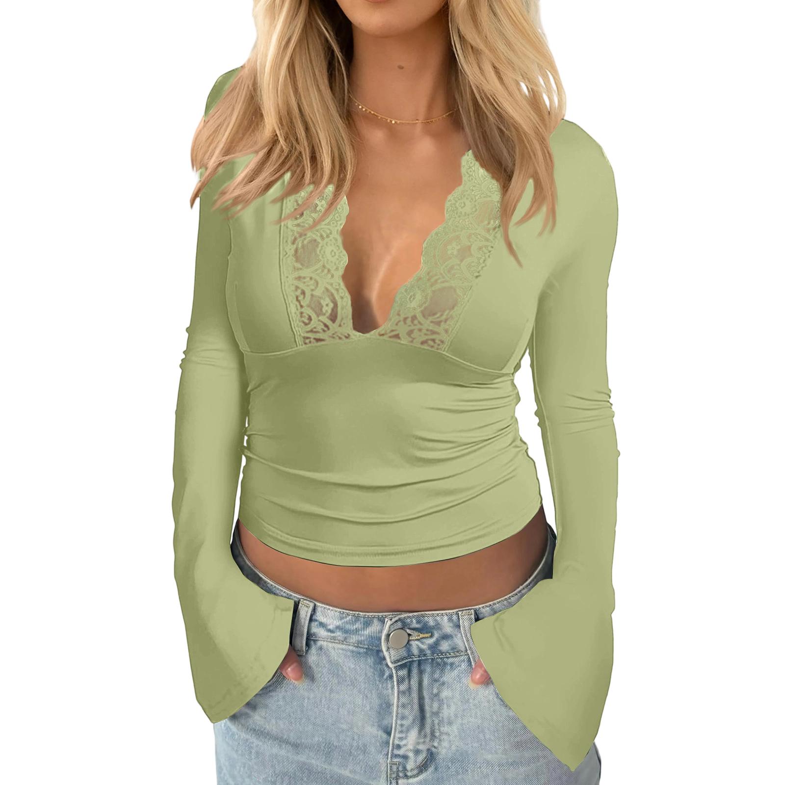 

Женский однотонный топ с длинным рукавом, облегающего кроя, с V-образным вырезом, с кружевной отделкой в стиле пэчворк L