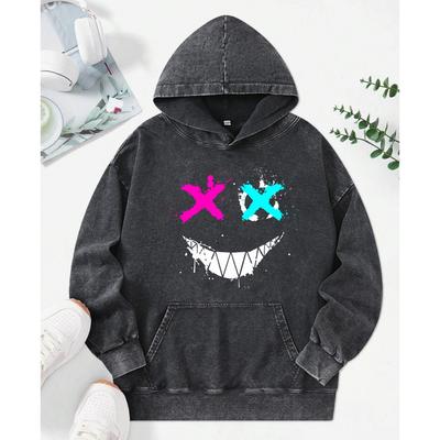 Strange Smiling Expressions Print Washed Hoody For Women Fashion Cotton Streetwear Personality Autumn Loose Top Soft Hoodies