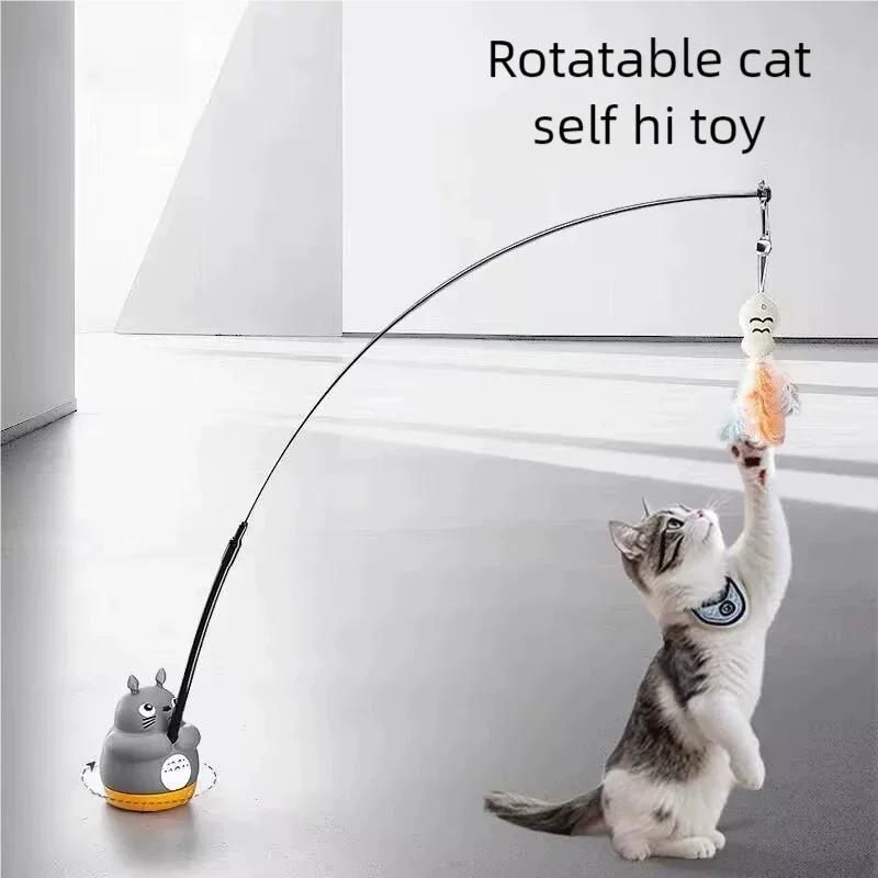 360-Degree Rotating Cat Teaser Toy with Dragon Totoro Design Steel Rod Fish Head with Bell for Cat Entertainment Cat Supplies