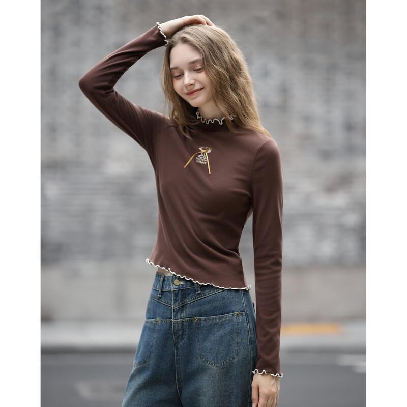 TonLion Women s Snoopy Ruffle Trim Half-High Collar Base Layer Top S