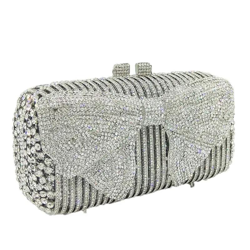 Boutique De FGG Silver Rhinestone Clutch Purses for Women Formal,Bow Crystal Evening Bags,Bridal Wedding Party Minaudiere Bag