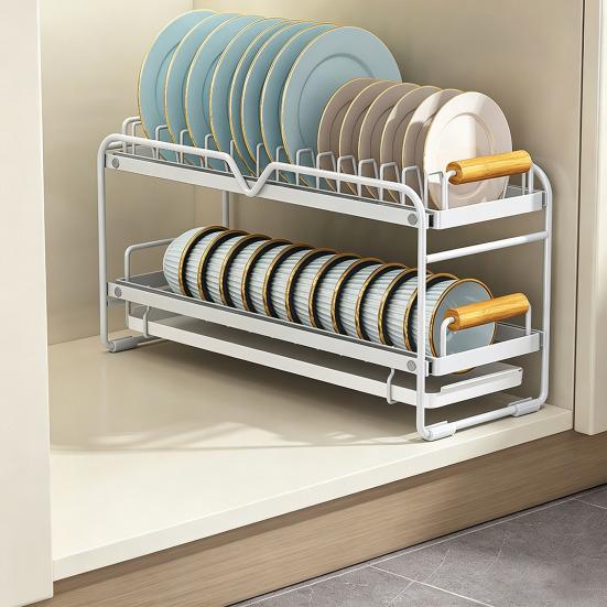 Dish Storage Rack Drawer Type Carbon Steel Frame Wooden Handle Organizer Rational Use of Space Drying Rack for Kitchen