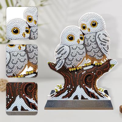 Diamond Painting Ornament Winter Owl Wooden Desktop Crystal Painting Desktop Kit Baby Giraffe for Home Office Desktop Decor