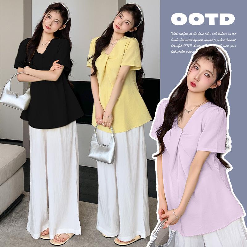 In-Stock 2026 Summer Maternity Set: Short Sleeve Top + Adjustable Nine-Point Wide-Leg Pants Large