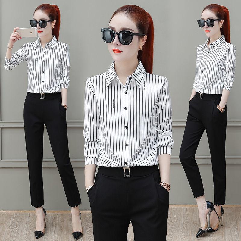 1116 new black and white vertical striped shirt women's spring, summer and autumn long-sleeved versatile professional temperament women's top looks