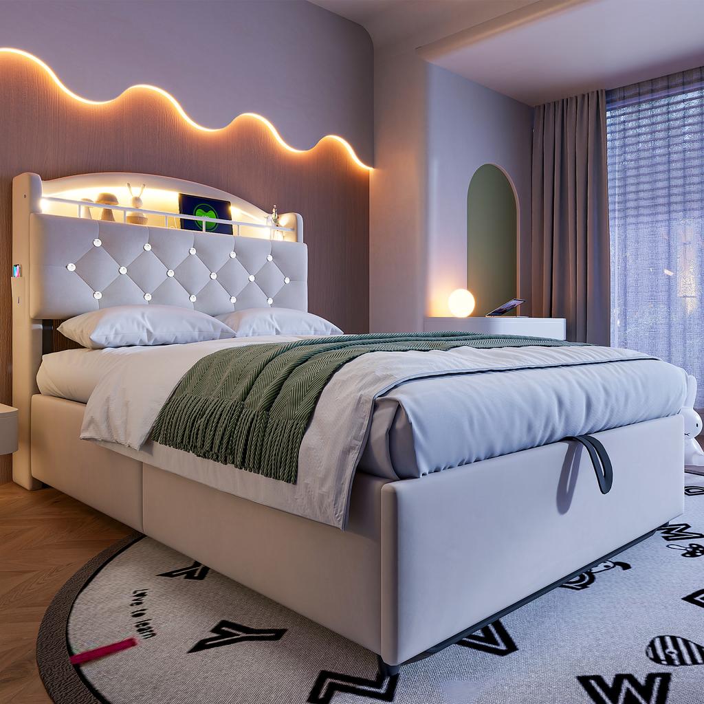 Children's Upholstered Bed 90x200, Velvet Single Bed Multifunctional Bed with Storage with LED and USB Beige