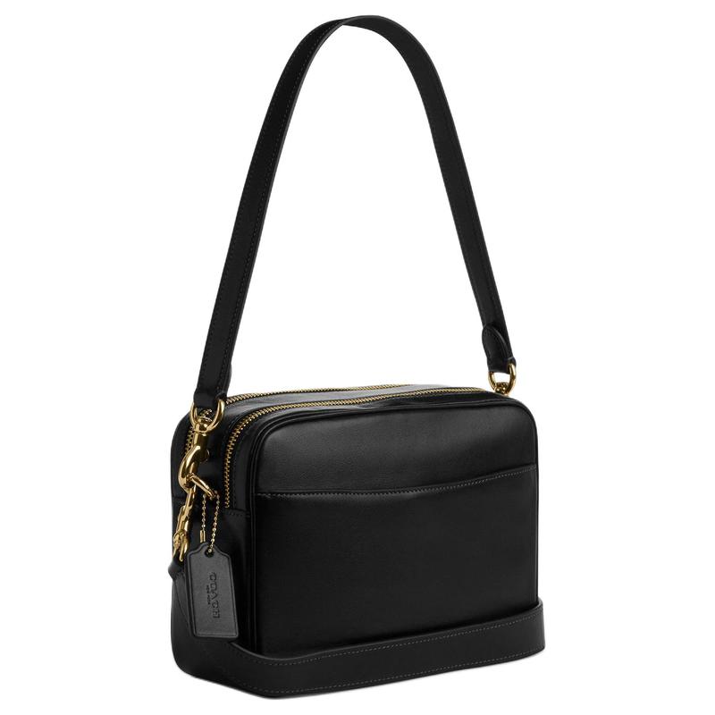 Coach Shoulder Bag CAREY 22 Gold Logo Double Zipper Closure Detachable Handle Strap Built-in Buckle Pocket Cow Leather Camera Small Women's Black