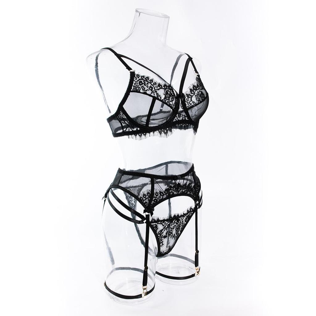 Hot-Selling Mesh Lace Patchwork Lingerie Set: Sexy See-Through Push-Up Four-Piece for Women