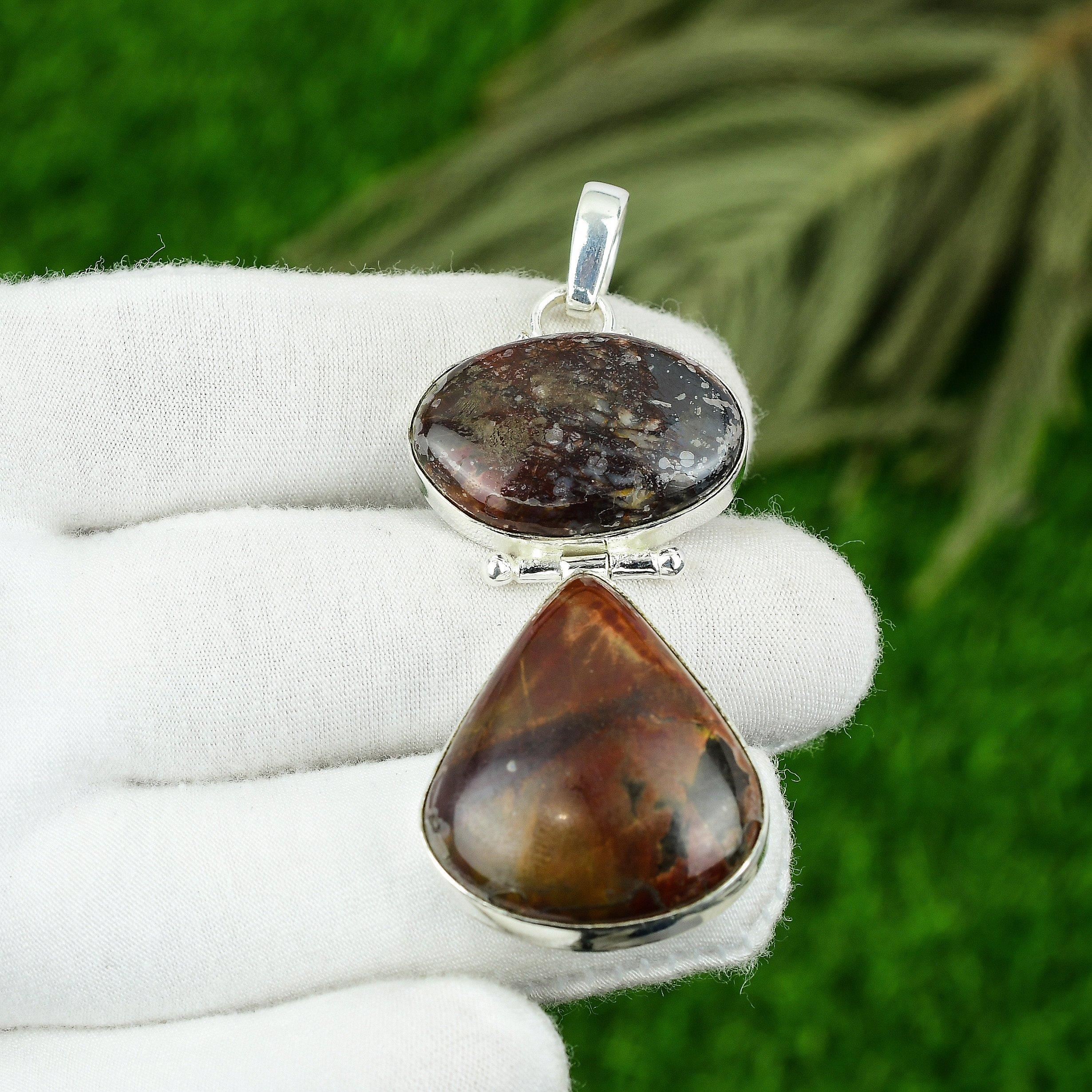 

925 Silver Picasso Jasper Stone Rhodonite Artisan Birthday Boho Pendant Jewelry