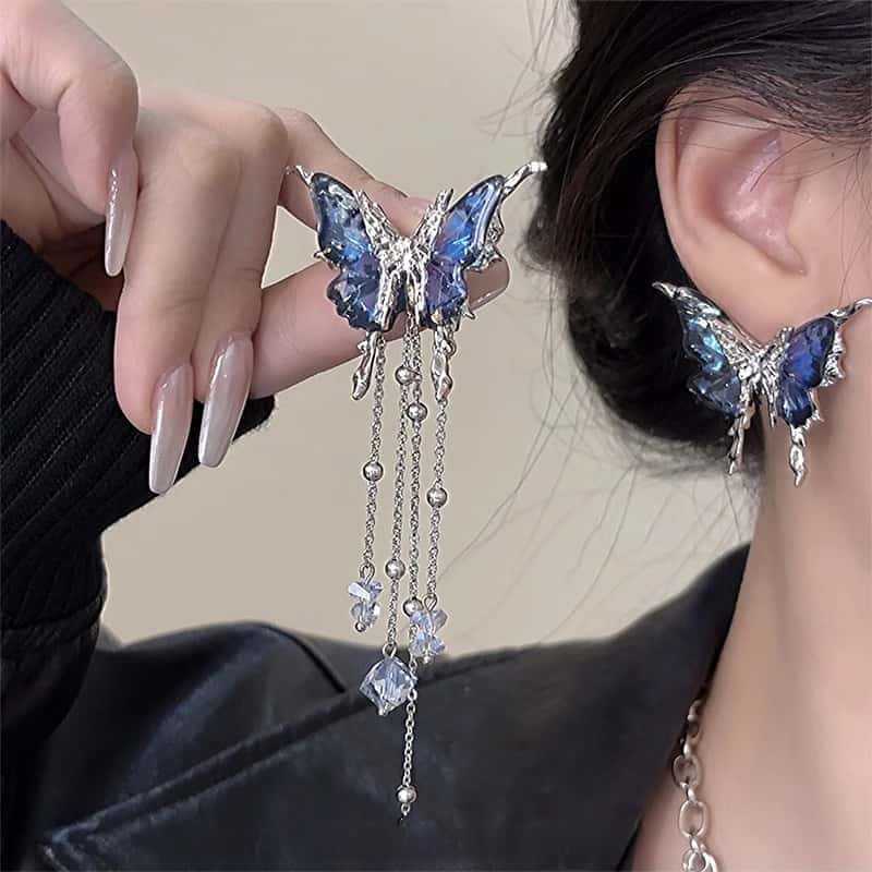 Elegent Blue Starry Sky Butterfly Earrings for Women Long Tassels Chain Zircon Luxury Red Drop Earrings Sweet Cool Y2K Jewelry