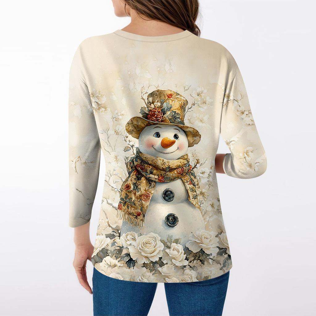 Women's Fashion Casual V Neck 3/4 Sleeve Loose  Printed T-Shirt Ladies Top