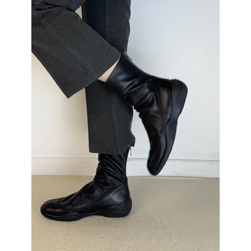 Cowhide Version~ Leather Round Head Thick Sole Retro Black Short Boots Women's Autumn and Winter Down Boots Elastic Thin Boots Martin Boots