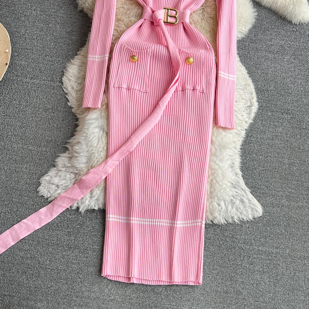 Women Dress  Autumn Winter Elegant Rib Knit Long Pencil Dress with Belt Office Lady Bodycon Sweater Dress