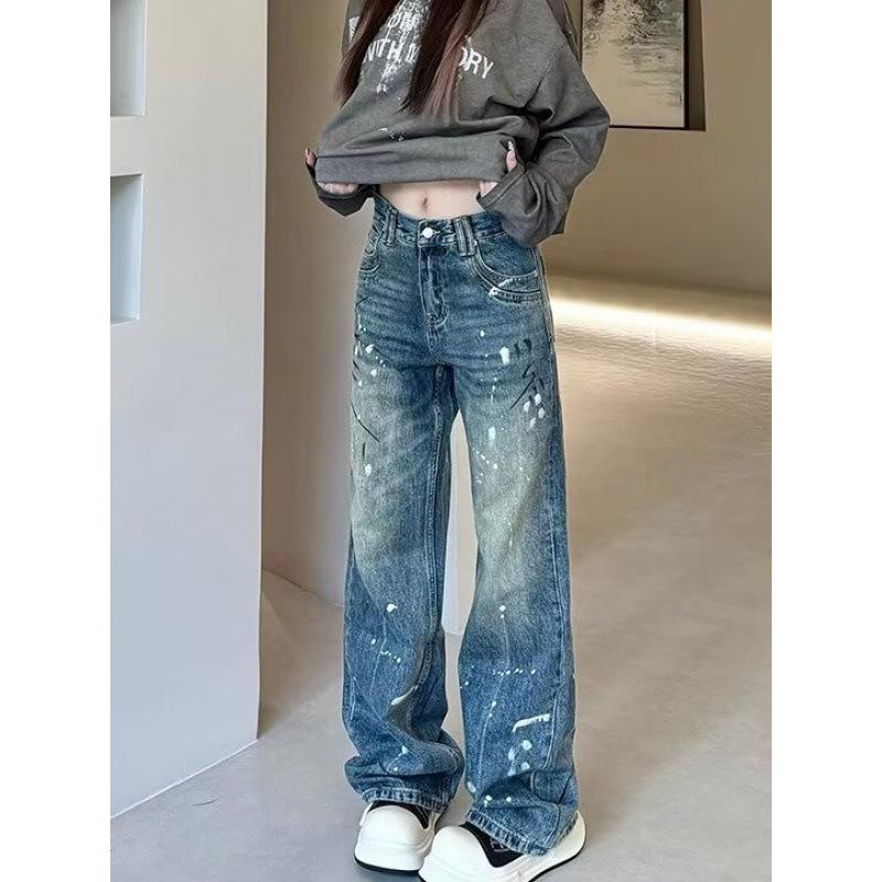 JYL Unisex Straight Jeans American Splash Vintage Washed Trendy Loose Denim Pants L бездна