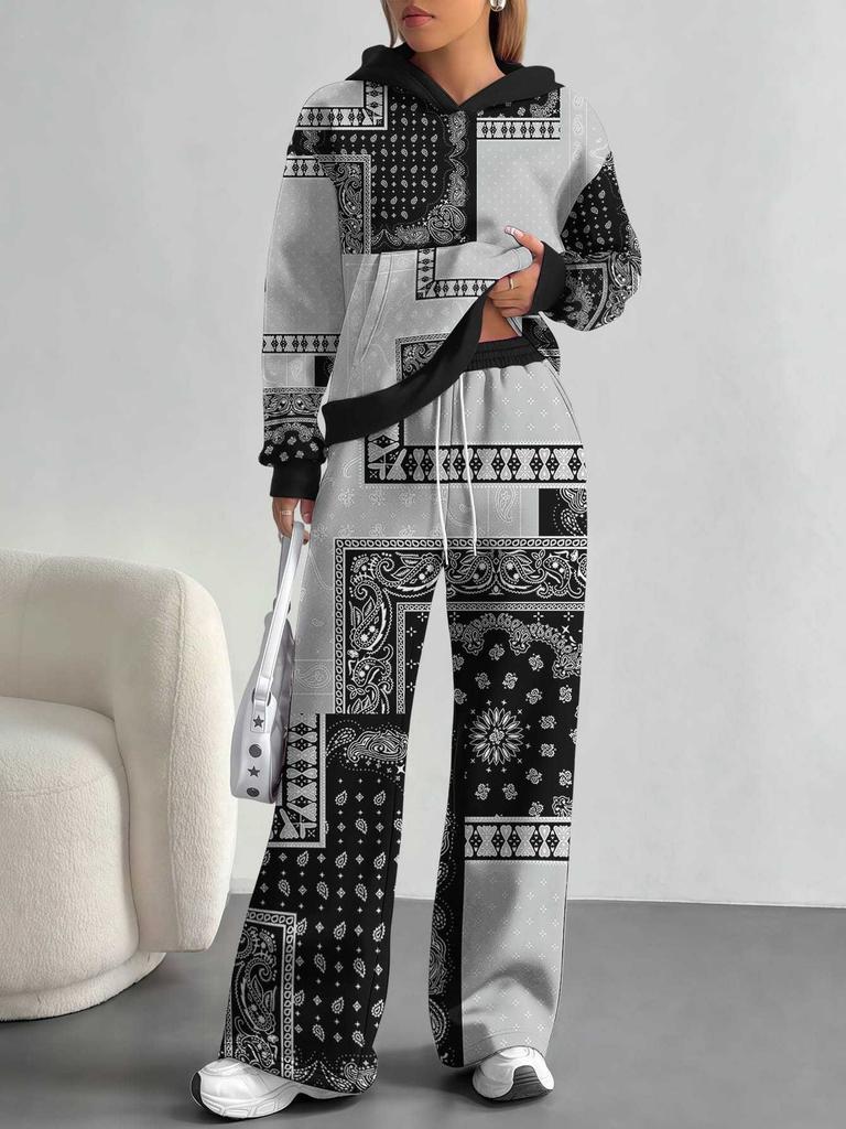 Retro Pattern 1116 European and American Autumn and Winter Casual Long-sleeved Suit Women's Hooded Sweater Trousers Two-piece Set