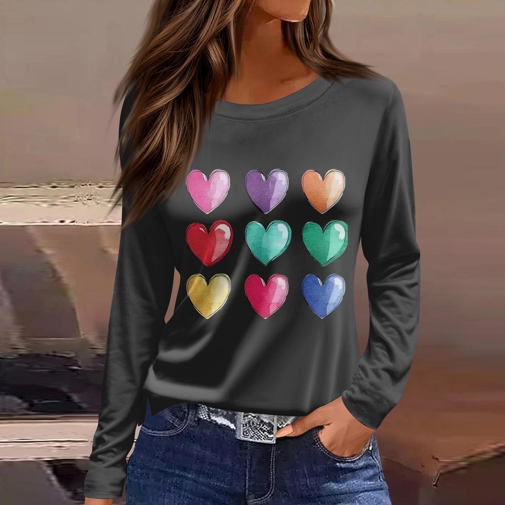 Women's Fashion Casual Slit Hem Round Neck Long Sleeve Loose  Printed T-Shirt Ladies Top