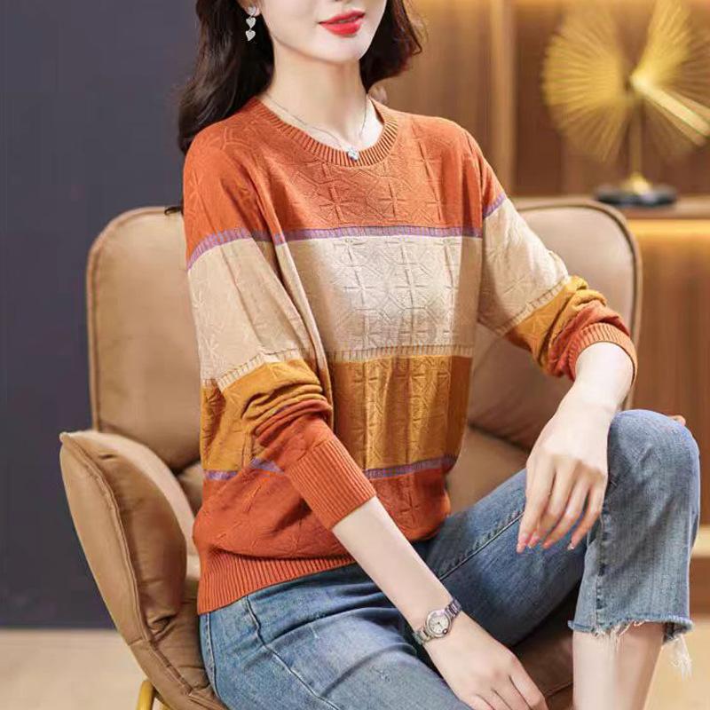 Striped Thin Knit Sweater Top Autumn Women's Color-blocked Crew Neck Pullover Sweater Women's Base Layer