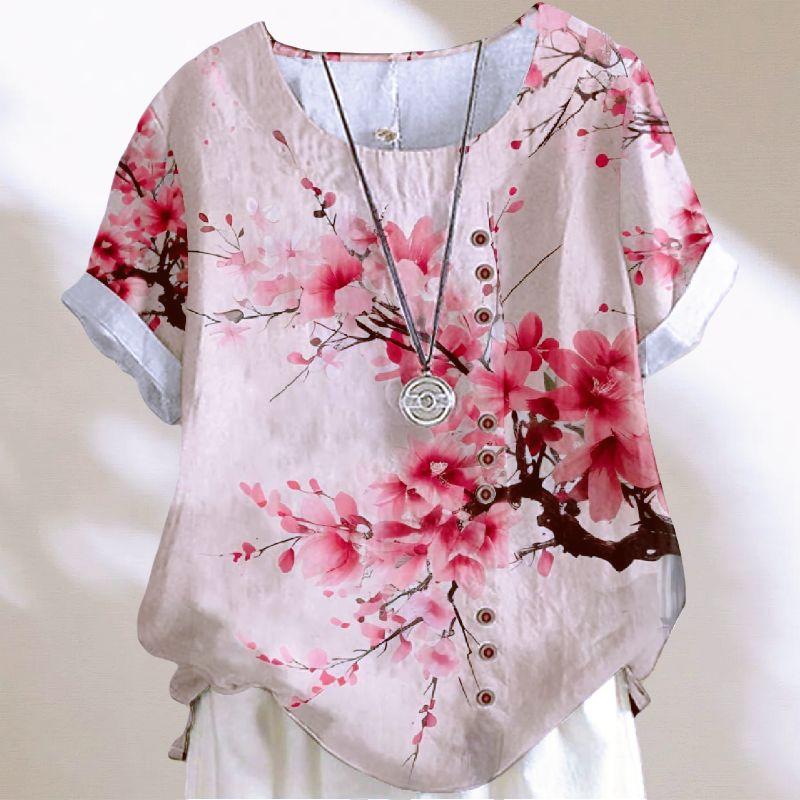 

Retro Artsy National Style Print round Neck Fashion plus Size Women Loose Casual Short Sleeve Shirt Top Trendy L-4XL Peach Forest Long Chart L Plus size