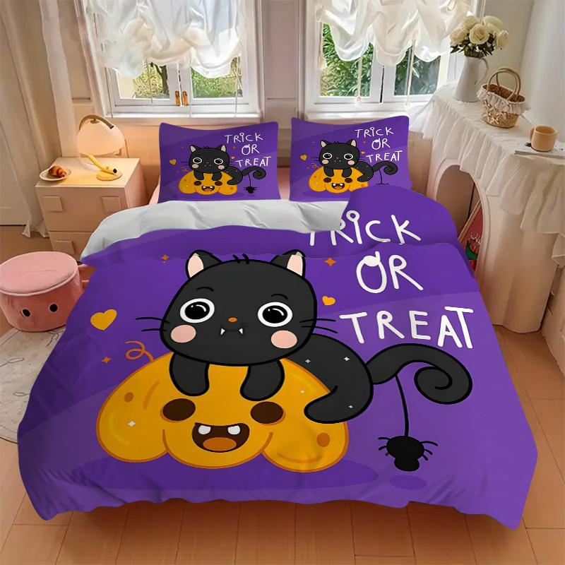 3pcs Trick or Treat Adorable Cat and Pumpkin Bedding Set - Includes Quilt Cover and Pillowcases, Suitable for All Seasons,