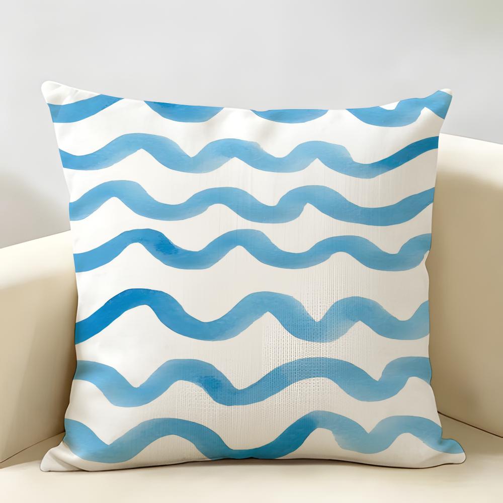 Nordic Style Geometric Blue Pattern Cushion Cover Natural Linen Organic Fabric Printing Breathable Perfect For Home Decor