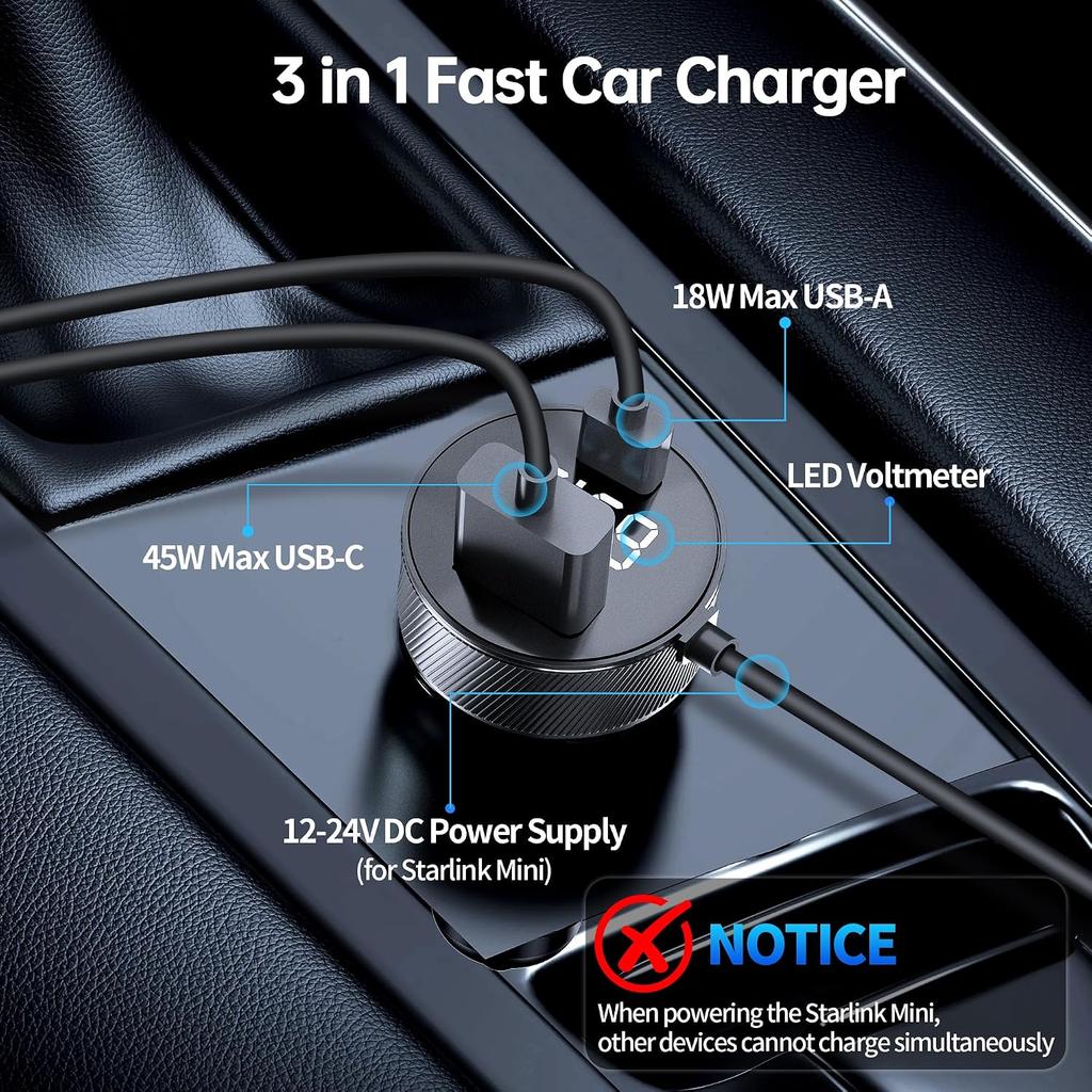 Starlink Mini Car Adapter 12V-24V with PD 45W+USB 18W, 10FT Cable | Starlink Mini Car Charger Cigarette Lighter Adapter with Digital Display, Durable