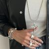 Hip-Hop Stil Metall Kreuz Anhänger Lange Halskette, Modische Runde Perlenkette Gestapelte Pulloverkette
