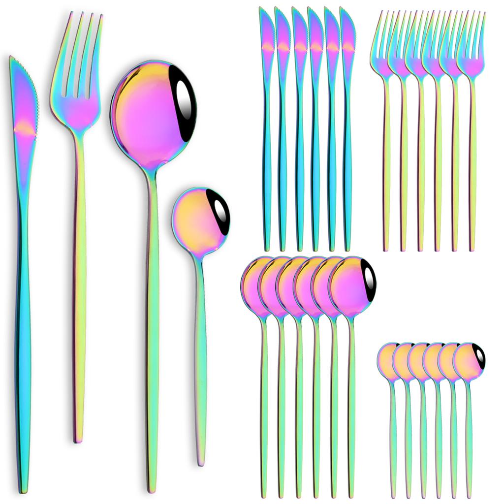 24pcs Stainless Steel Cutlery Set Knife Coffee Spoon Fork Dinnerware Set Mirror Durable Flatware Western Party Kitchen Tableware