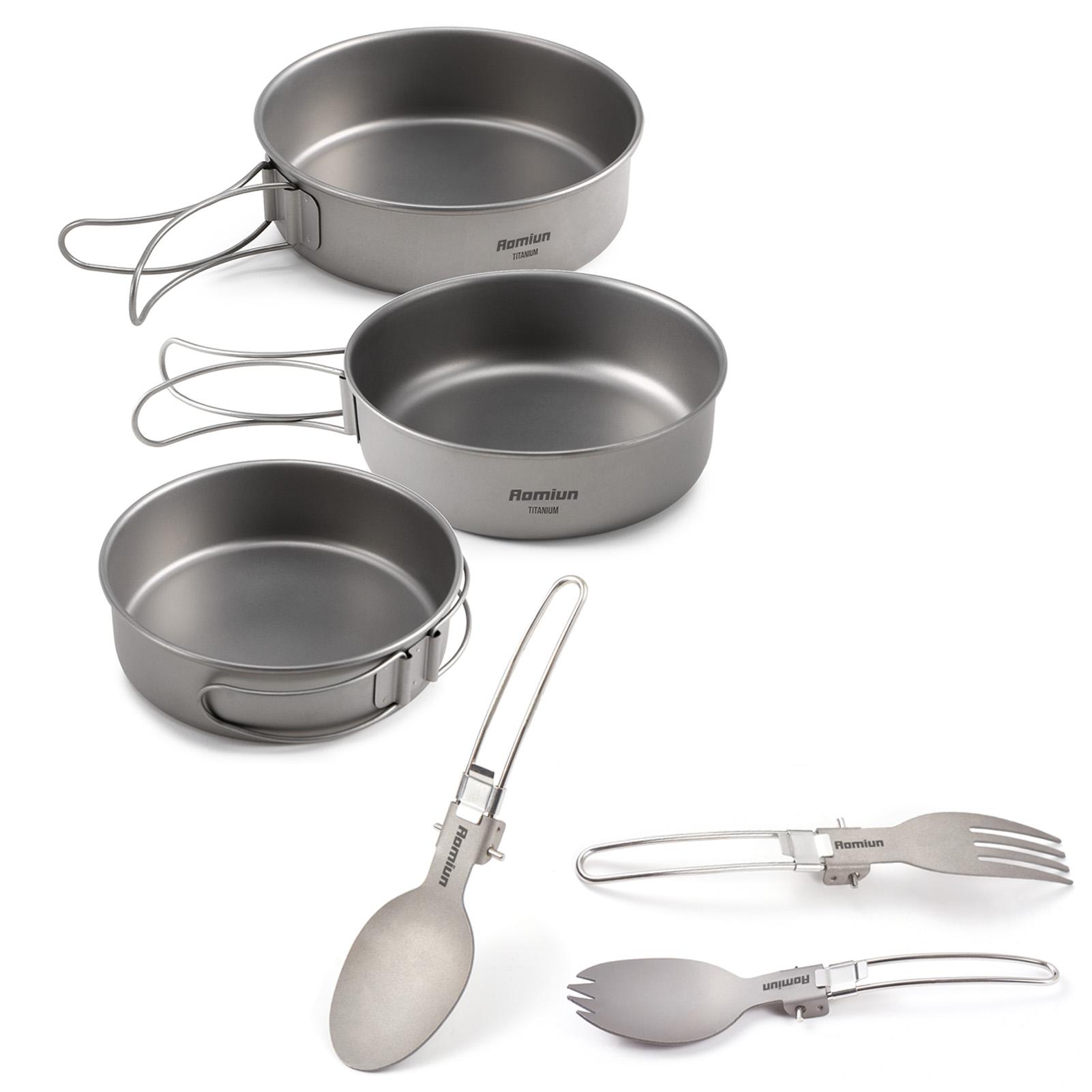 

Набор мисок и столовых приборов для кемпинга, 3 миски, ложка, вилка, титановая миска со складной ручкой, сверхлегкая