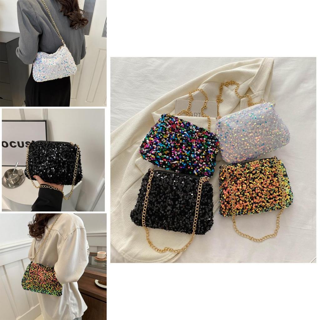 Black And White Sparkly Underarm Bag Women 2024 New Spring Nightclub Chain Small Square Bag Street Fashion