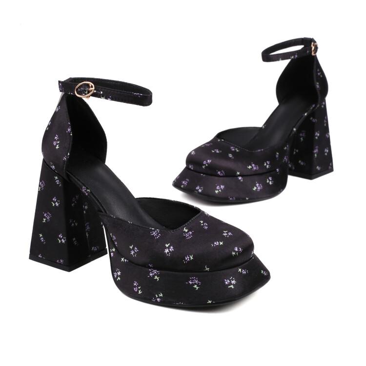 

FOREADA Women Pu Leather Pumps Platform Super High Hoof Heels Square Toe Ankle Strap Buckle Party Sexy Spring Autumn Shoes 40 чорний