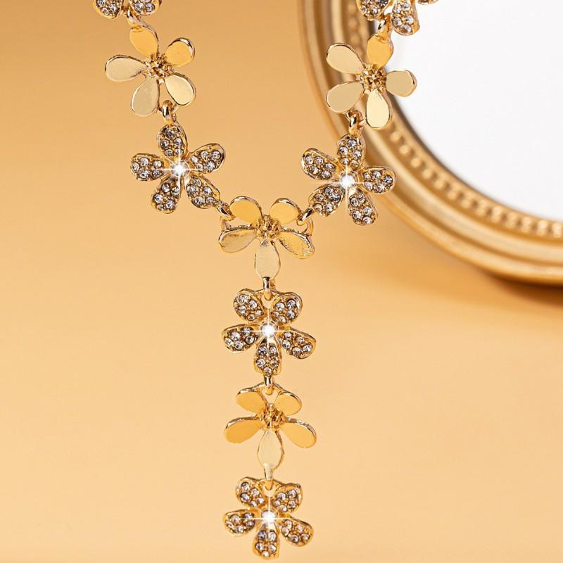 Elegant Floral Double-Row Pendant Necklace Women Full Rhinestone CZ Zinc Alloy Chain 41-50cm Adjustable Party Casual Wear