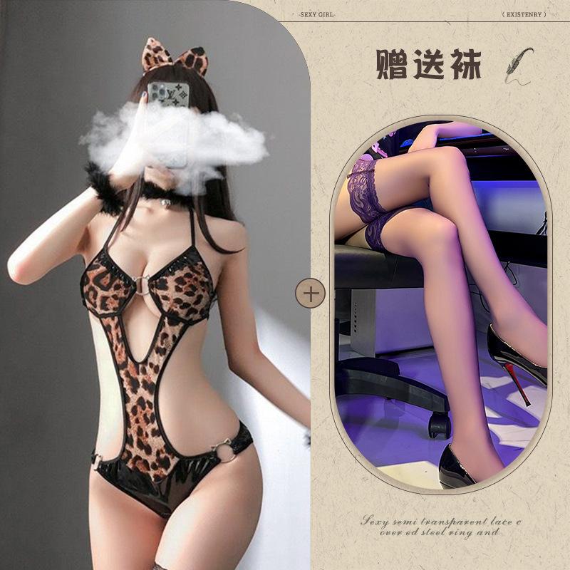 New sexy lingerie seduces beautiful women sexy leopard print cosplay onesie halter cat