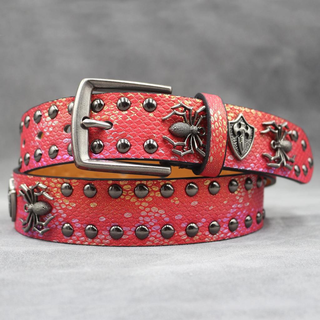 Unisex 7-Color 3D Spider Rivet Leather Belt with Snake Print