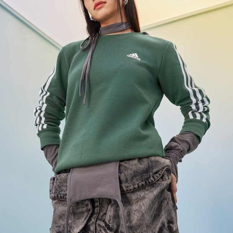 Adidas FW24 Striped Casual Fleece Thick Round Neck Long Sleeve Sweatshirt Women Sweatshirt Oxidized-Green White HM1930