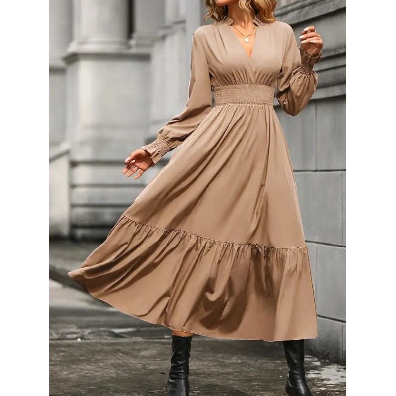 Autumn Fashion Style Fashion Commuter Ol Pure Color V-neck Waist-Controlled Slimming Temperament Long Sleeve Large Swing Dress Dress Dress