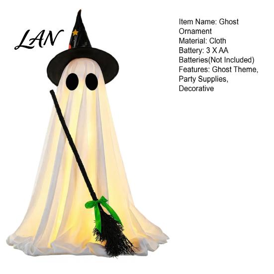 Yard Ghost Ornament Halloween Light-Up Decoration, Spooky Witch Hat with LED Decorative Wizard Light, Broom Decor for Outdoor Lawn Porch Holiday Party