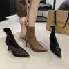 2025 Autumn and Winter New Simple Retro Satin Pointed High-heeled Short Boots Women's Thin-heeled Elastic Boots Thin Boots