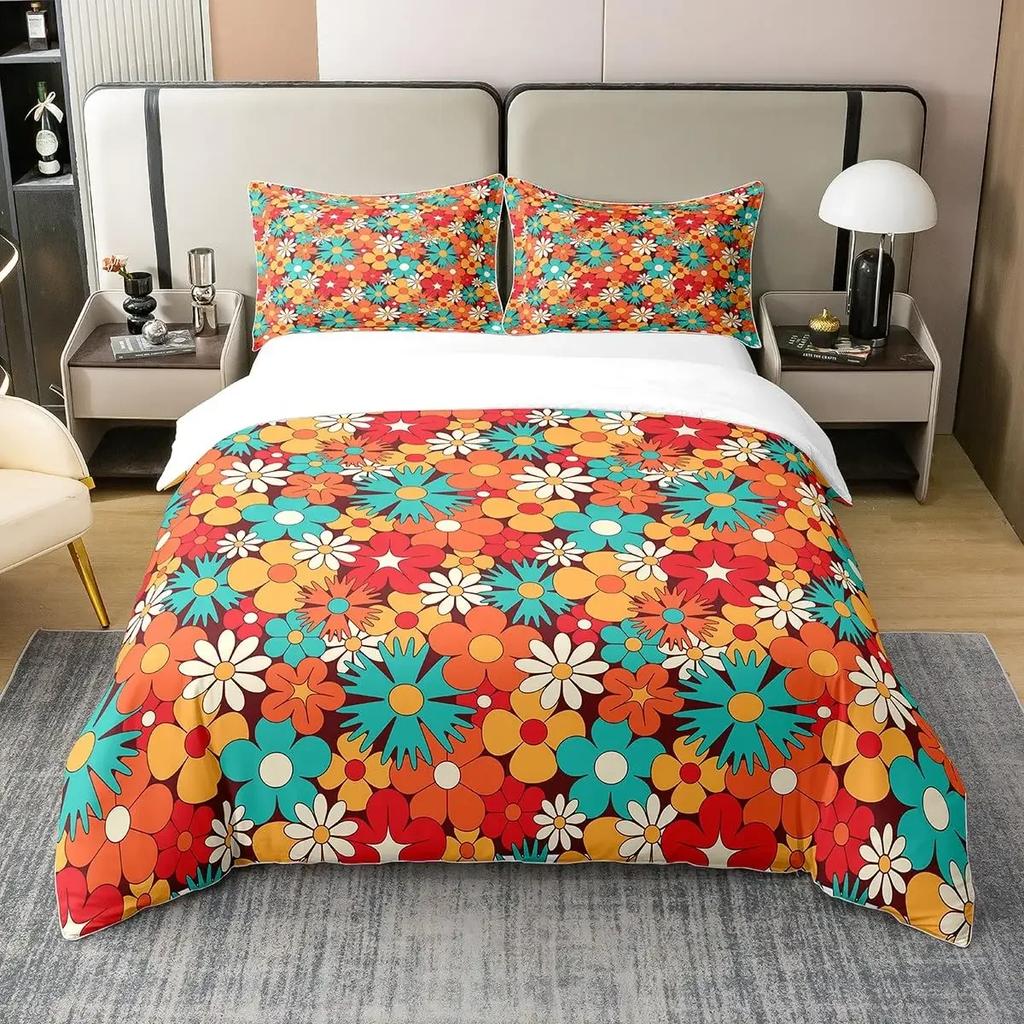 Comforter Vintage Floral Retro Polyester Comforter Colorful Daisy Bedding Set With 2 Pillow Sham Full Size 3 Pieces