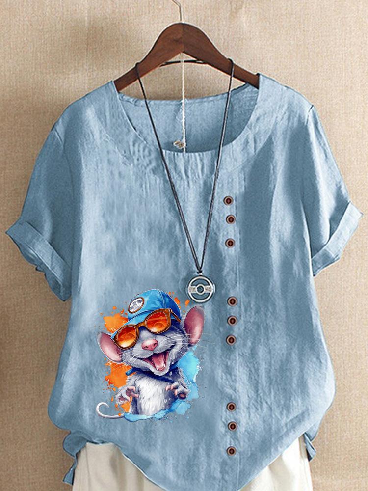 Women's Fashion Colorful Mouse Print Round Neck Short Sleeve T-shirt Casual Cotton Linen Graphic Shirt Leisure Loose Summer Blouse Tops
