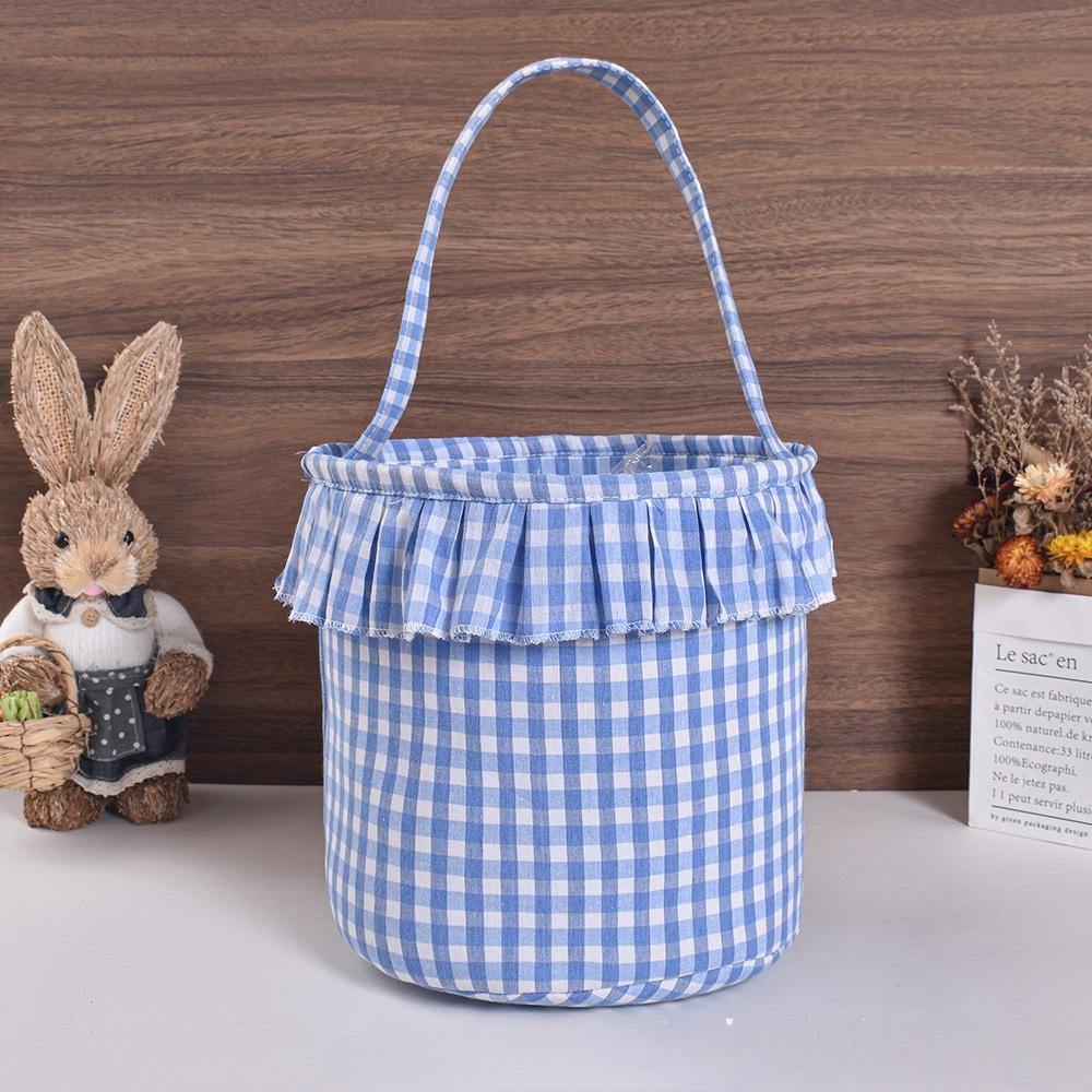 1pcs Gingham Easter Basket for Party Decoration Cotton Canvas Gift Candy Storage Bag with Handles Gingham Fabric