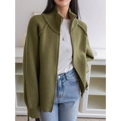 Pulloverjacke Damen Herbst und Winter Einfarbig Stehkragen Reißverschluss Gestrickte Strickjacke Oberteil