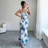 Women Floral Print Spaghetti Strap Maxi Dress Ruched Bodycon With Slit Party Dress
