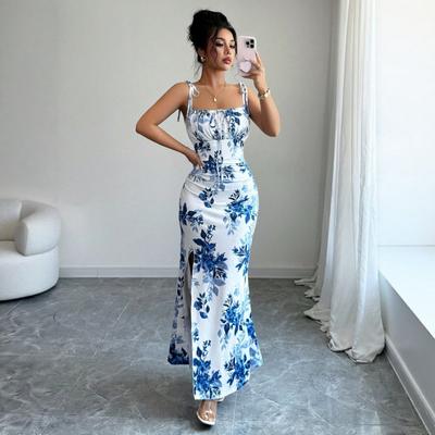 Women Floral Print Spaghetti Strap Maxi Dress Ruched Bodycon With Slit Party Dress