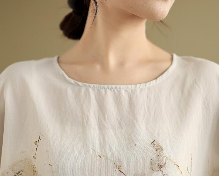 Ethnic Style Summer Blouse Cotton Ethnic Style Shirt Bat Sleeve Loose Large Round Neck T-shirt for Women