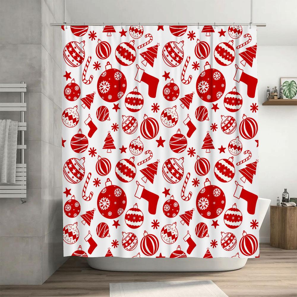 Red White Christmas Tree Candy Canes Xmas Ornaments Shower Curtain Decorative Waterproof Fabric Bathroom Linen Tassel Home Decor